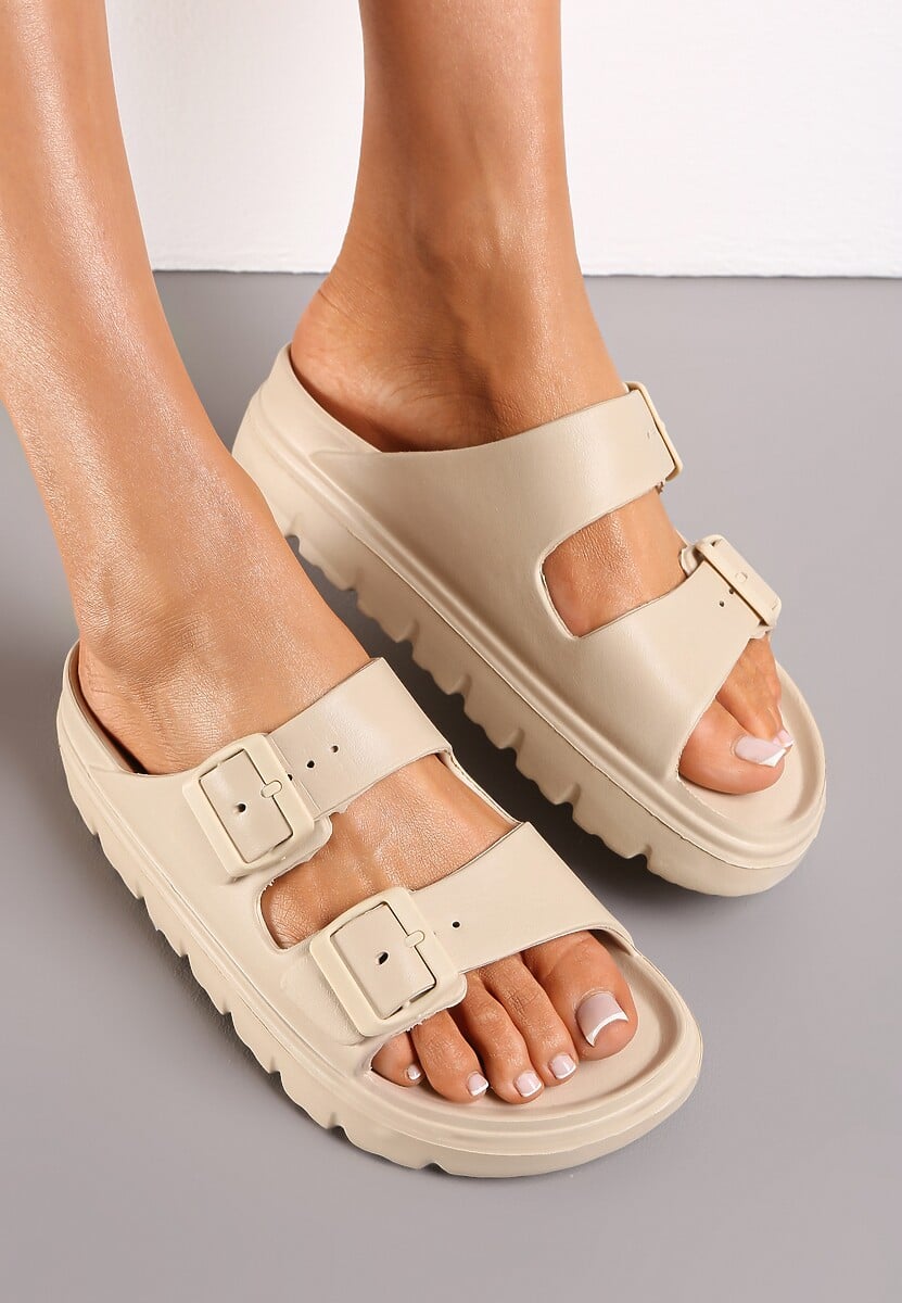 Beżowe Klapki z Regulowanymi Paskami na Platformie Idama