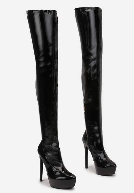 Czarne Kozaki z Lakierowanej Ekoskóry za Kolano na Szpilce i Platformie Verca