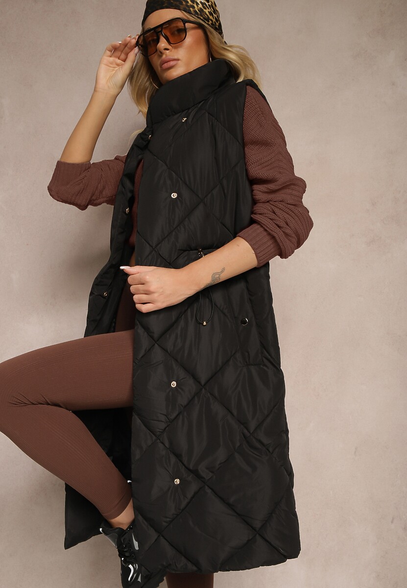 Czarna Długa Kamizelka z Pikowanymi Przeszyciami ze Stójką i Kieszeniami Avalithe