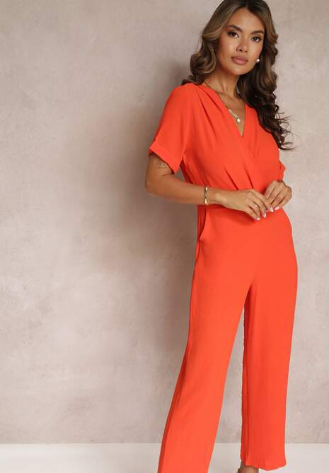 Pomarańczowy Kombinezon z Kopertowym Dekoltem i Krótkimi Rękawami z Wiskozą Coridsa