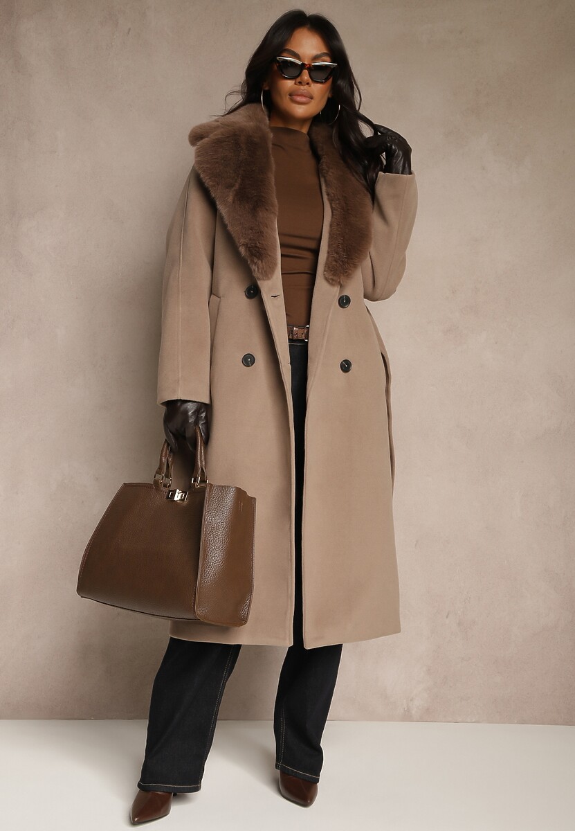 Brązowy Dwurzędowy Płaszcz Elegancki z Futrzanym Kołnierzem i Paskiem Ezanttia