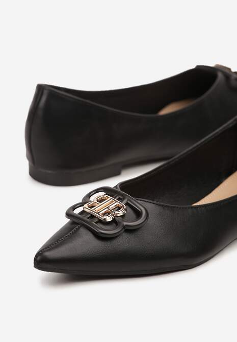 Czarne Balerinki ze Szpiczastym Noskiem Zdobione Aplikacją Nalamira