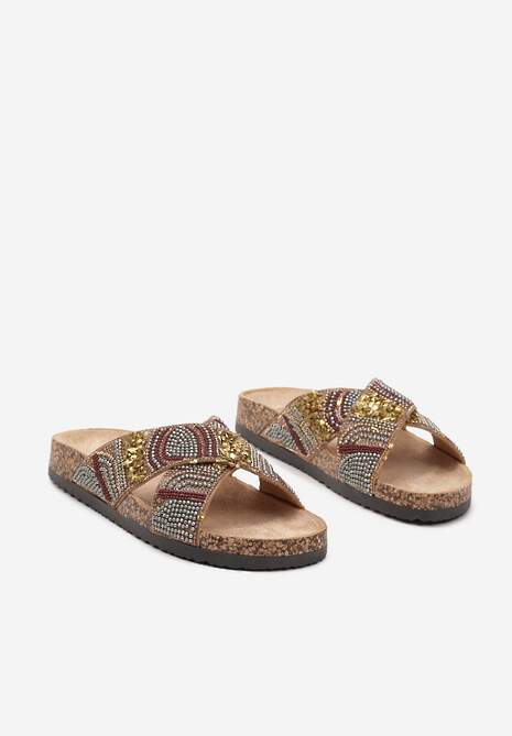 Brązowe Klapki Ozdobione Perlami i Koralikami na Korkowej Podeszwie Flonia