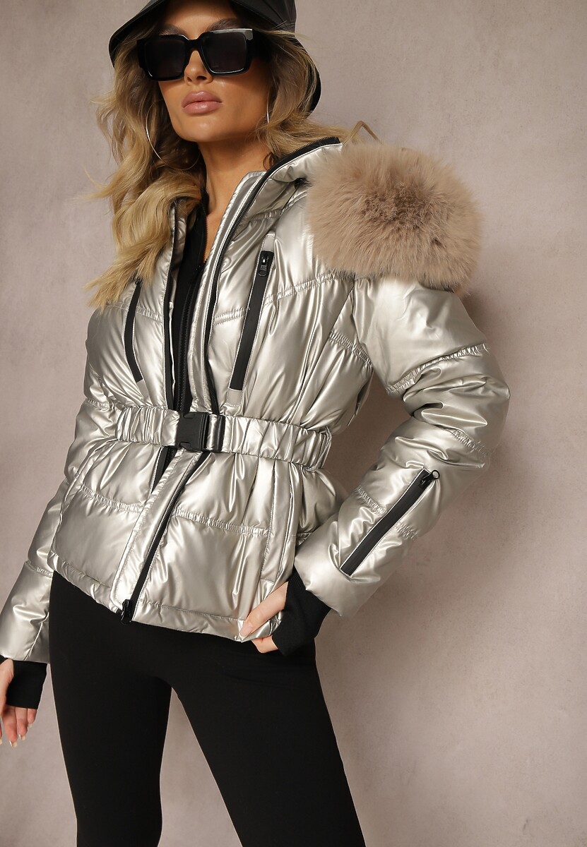 Szara Kurtka Pikowana z Kapturem i Futrem Wykończona Paskiem Armonlia