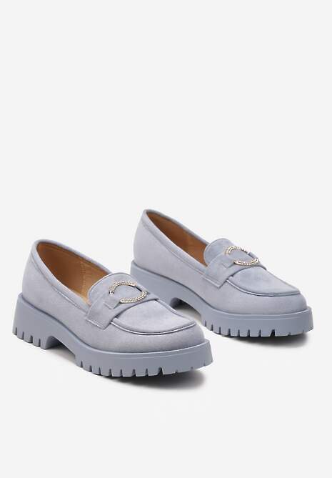 Niebieskie Mokasyny Wsuwane na Grubej Podeszwie z Metalowym Ozdobnym Kółkiem Pactina