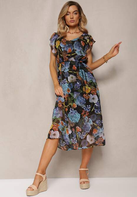 Czarno-Niebieska Rozkloszowana Sukienka Midi w Kwiecisty Wzór Werttia