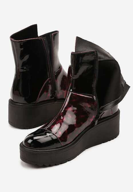 Czarno-Czerwone Botki Lakierowane Vices na Koturnie i Platformie Ozdobione Suwakiem Gattie