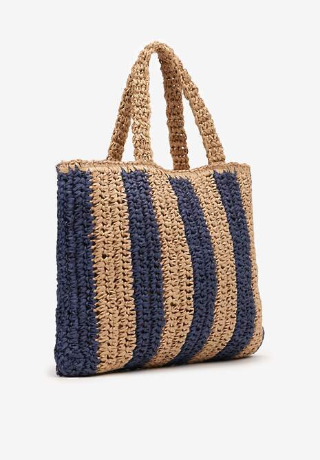 Granatowo-Beżowa Pleciona Torebka z Rączką i Ozdobnym Napisem Rivasina