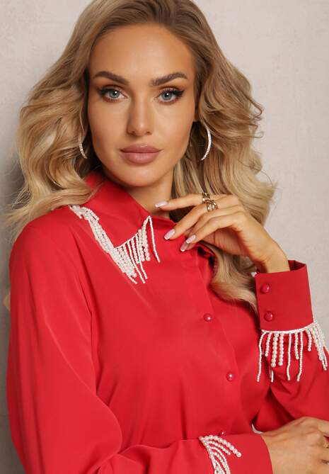 Czerwona Koszula z Długim Rękawem Ozdobiona Wiszącymi Perełkami Fadura