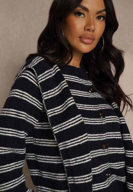 Granatowy Kardigan z Dodatkiem Wełny Zdobiony Wzorem w Paski i Narzutką Fedira