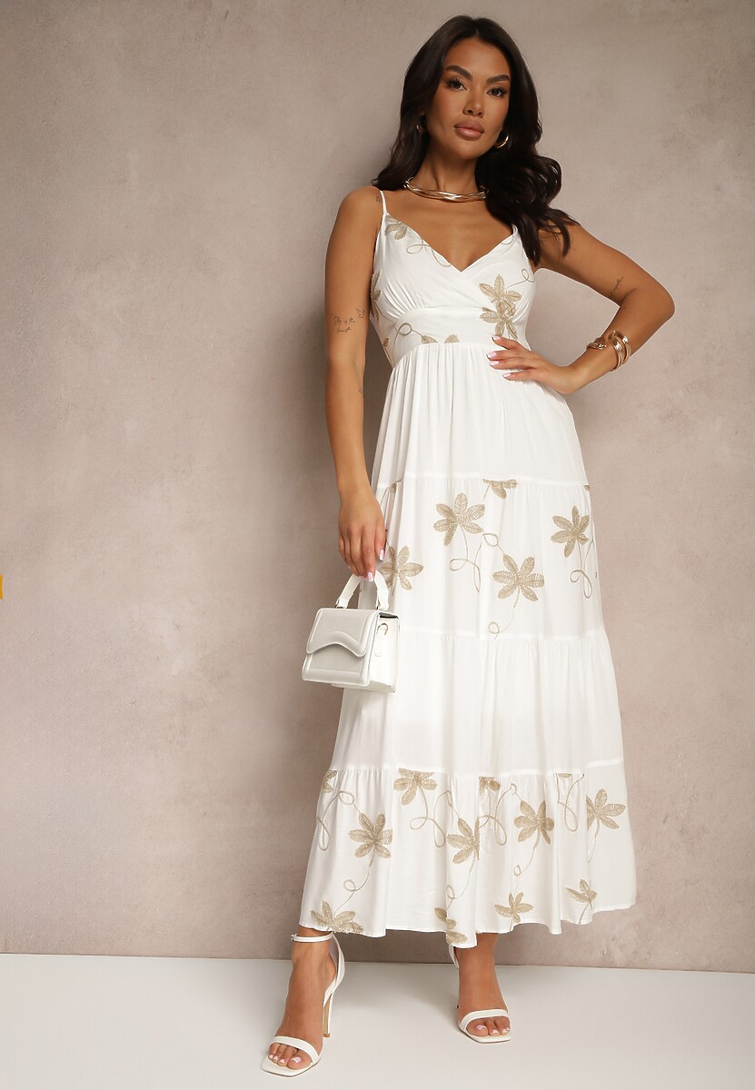 Biała Rozkloszowana Sukienka z Wiskozy z Haftowanym Motywem na Ramiączkach Telilia