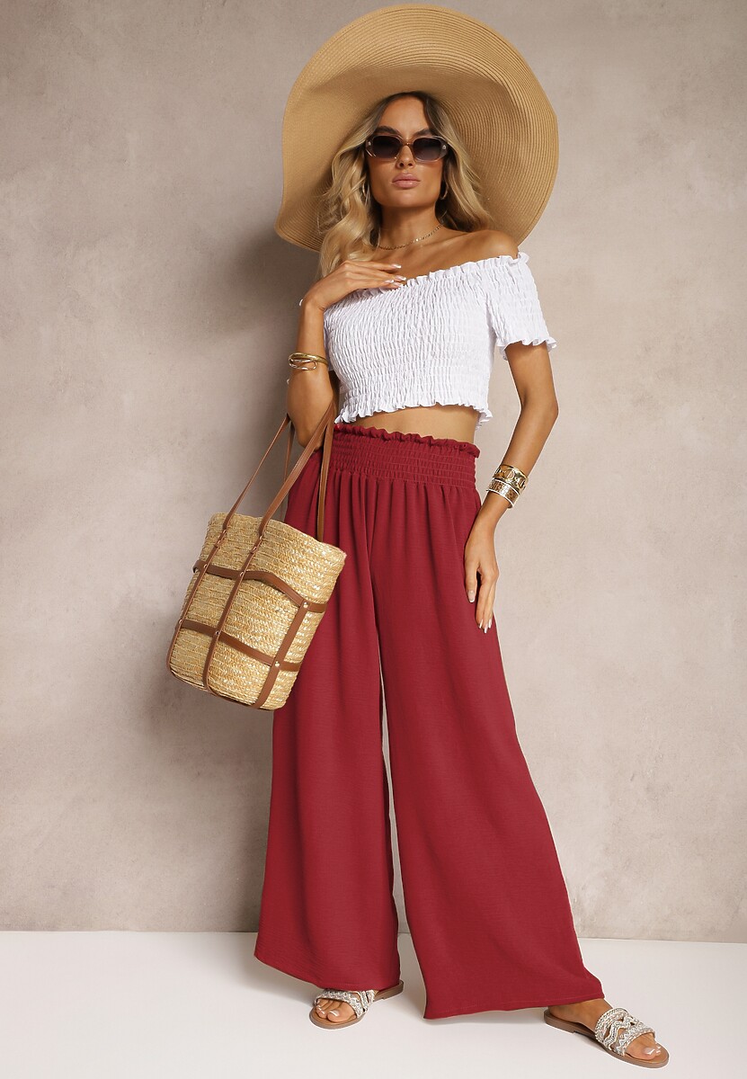 Bordowe Spodnie High Waist z Szerokimi Nogawkami i Gumką w Pasie Risabesa