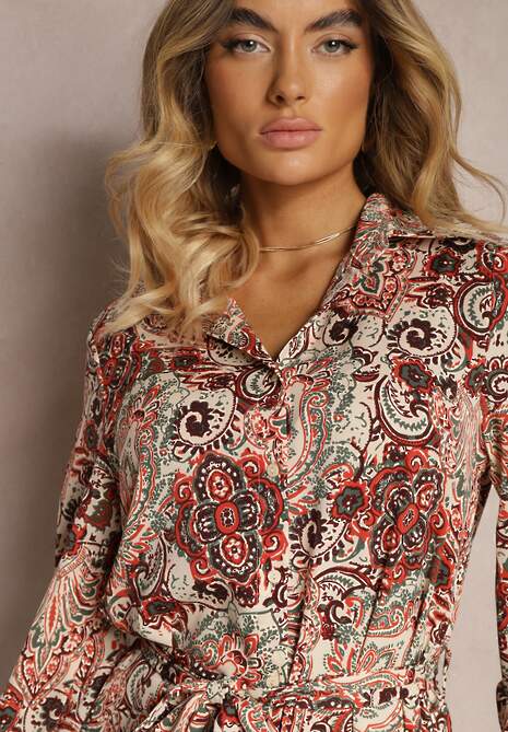 Beżowo-Pomarańczowa Koszulowa Mini Sukienka o Rozkloszowanym Kroju z Paskiem w Print Zelira