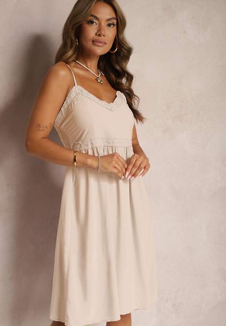 Beżowa Wiskozowa Sukienka na Regulowanych Ramiączkach z Haftem i Lampasami Nelmina