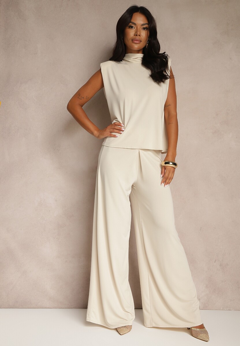 Beżowy Komplet Spodnie o Szerokim Kroju i Bluzka Ozdobiona Wiązaniem Halomia