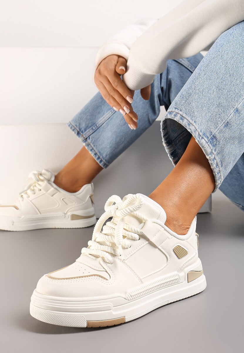 Beżowe Sneakersy na Niskiej Platformie z Grubym Sznurowaniem i Podwójnym Językiem Minseja