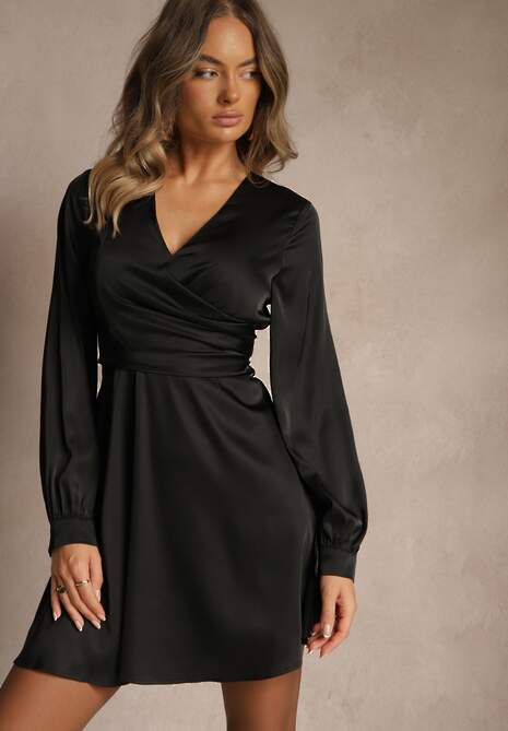 Czarna Kopertowa Sukienka VICES z Satyny z Bufiastymi Rękawami Anevite
