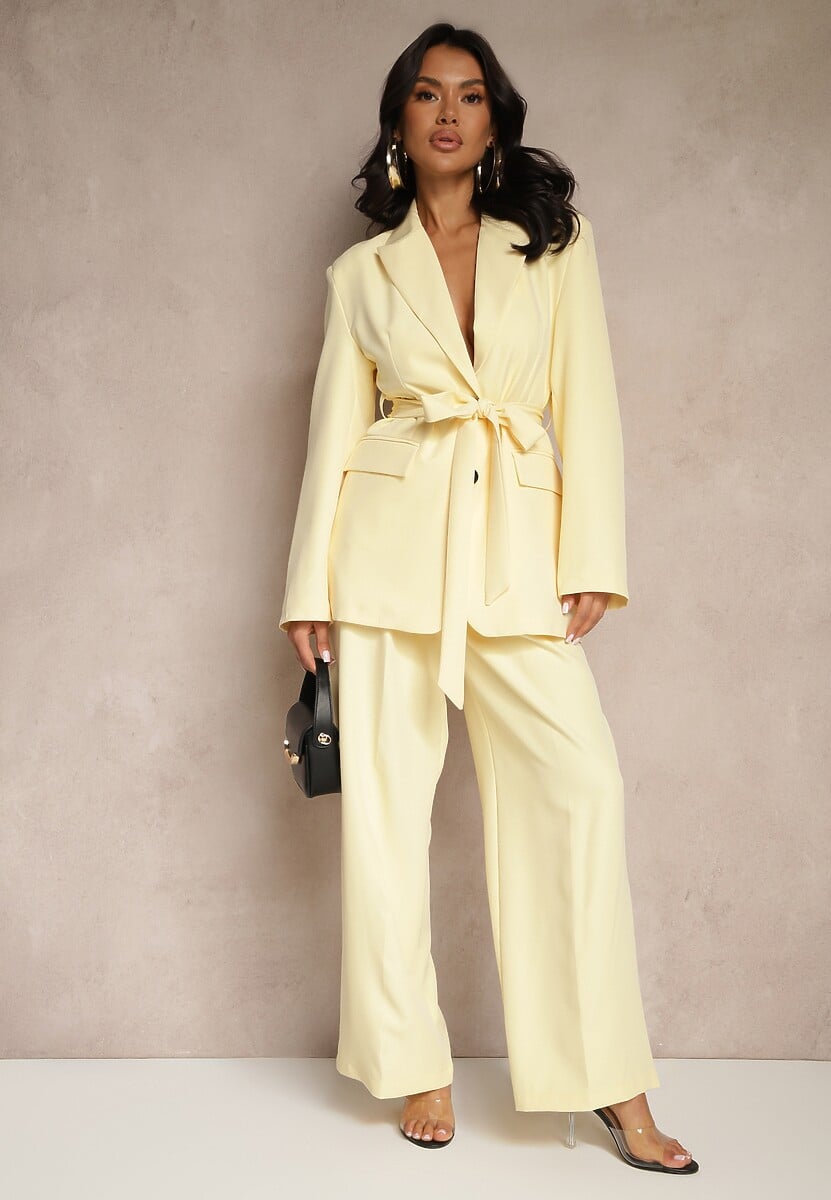 Żółta Jednorzędowa Marynarka o Taliowanym Fasonie z Wiązanym Paskiem Daviritte