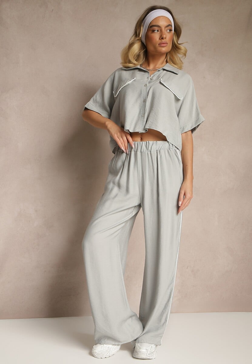 Szary Komplet z Wiskozy Koszula o Krótkim Kroju i Szerokie Spodnie Daviriana