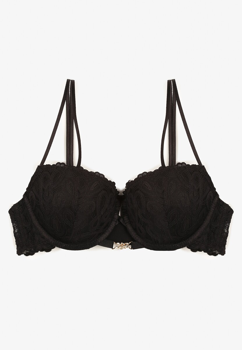 Czarny Biustonosz Typu Push Up z Koronką i Regulowanymi Podwójnymi Ramiączkami Emavina