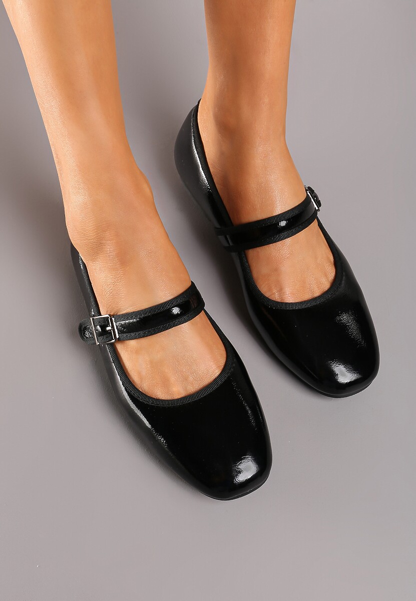 Czarne Balerinki Lakierowane na Płaskiej Podeszwie ze Skórzaną Wkładką Mary Jane Tinaia