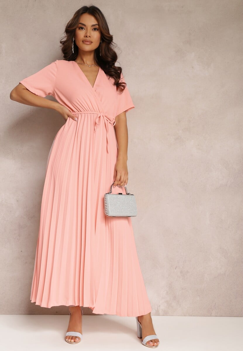 Różowa Rozkloszowana Sukienka Plisowana z Wiązanym Paskiem Eilemona