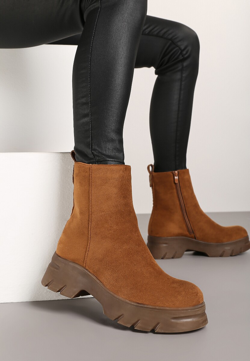 Ciemnobeżowe Casualowe Botki z Ekozamszu na Platformie Naolara