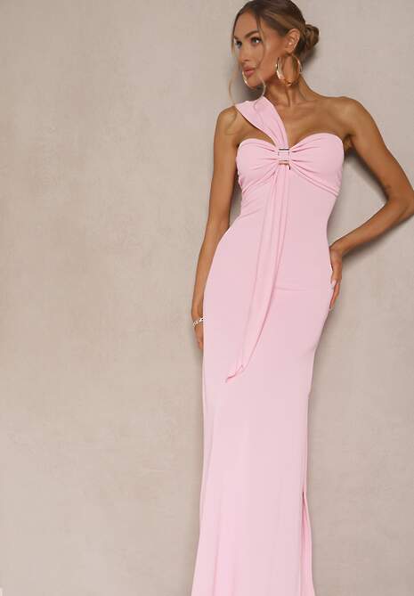 Różowa Asymetryczna Sukienka Koktajlowa Ozdobiona Metaliczną Aplikacją Divianis