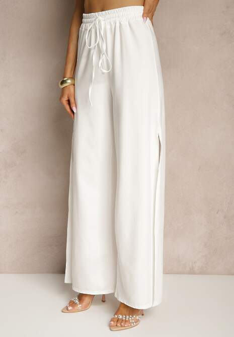 Biały Komplet z Wiskozą Wiązany Top i Spodnie o Szerokim Kroju z Rozcięciami Zilavira