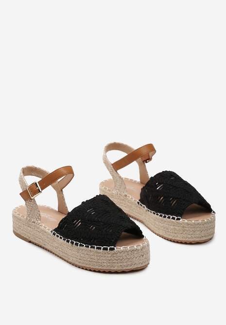 Czarne Sandały Plecione w Stylu Espadryli na Platformie z Juty Garita