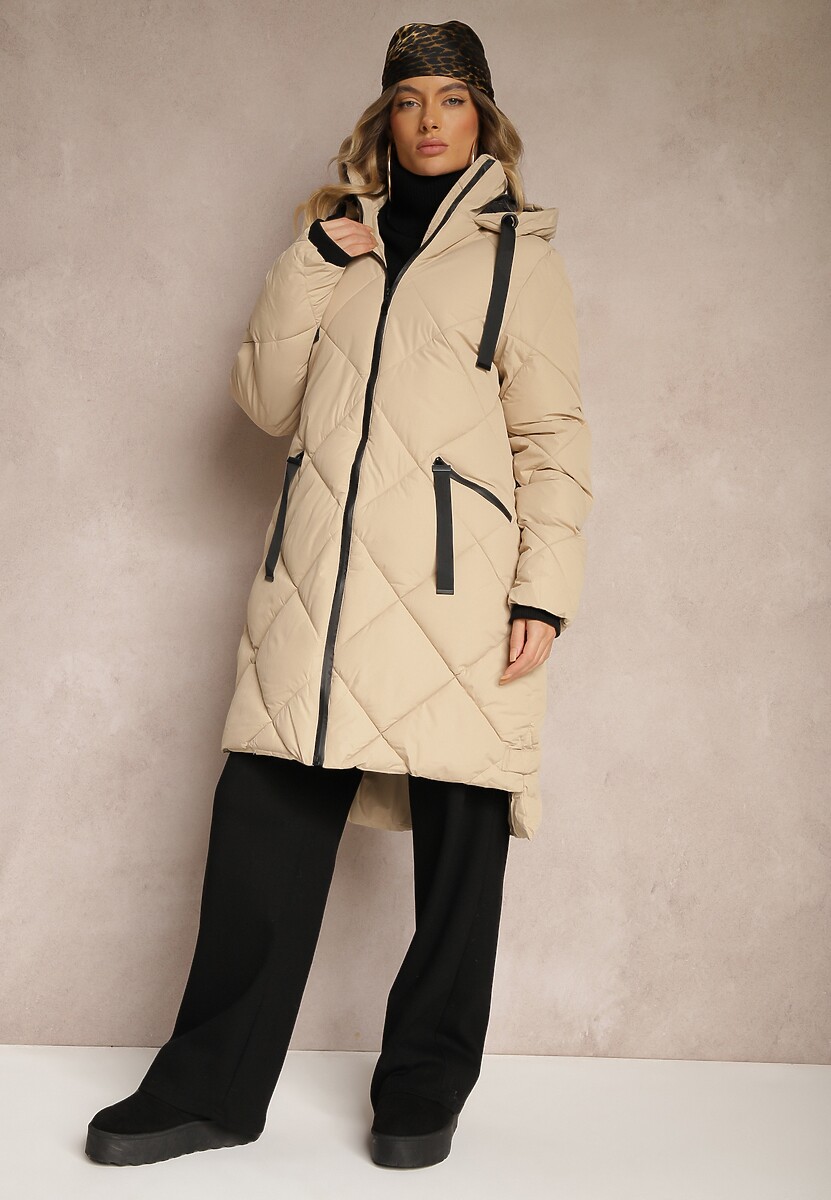 Ciemnobeżowa Pikowana Kurtka z Przeszyciem w Kratę Kapturem i Kieszeniami Zenetta