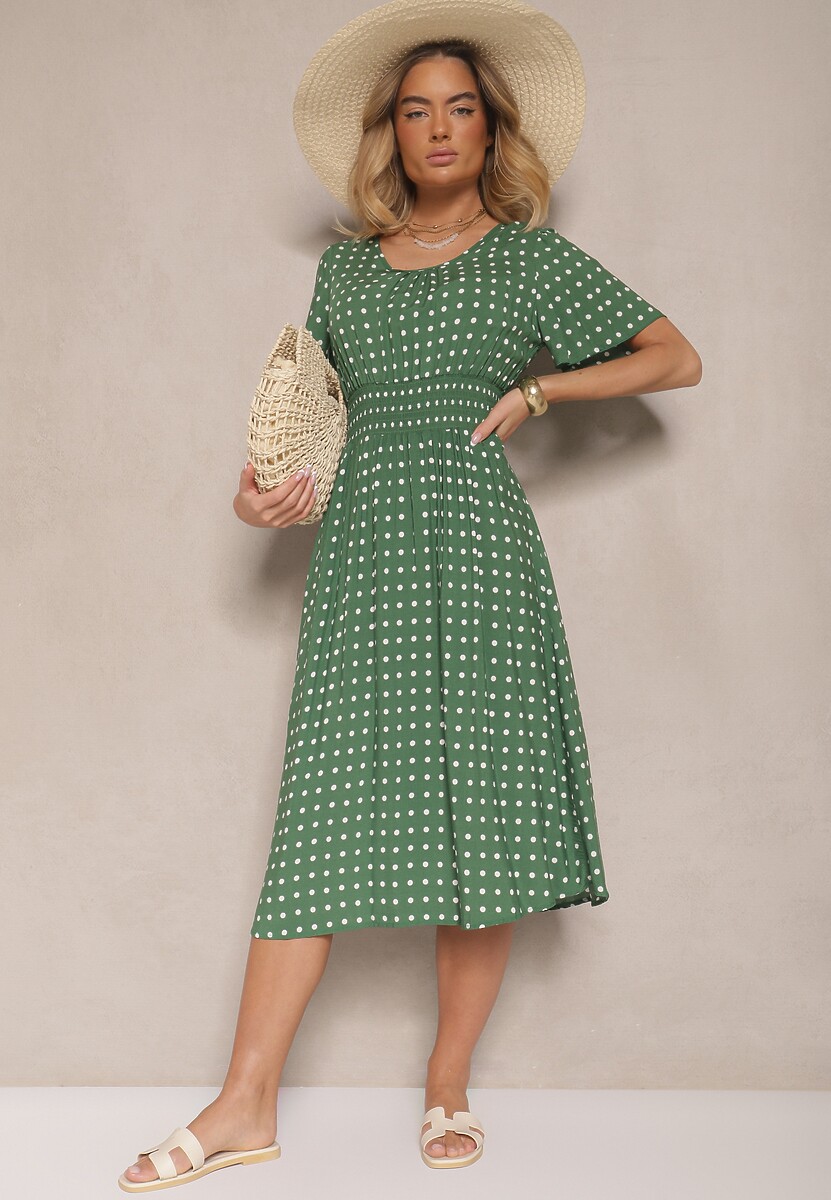 Zielona Bawełniana Sukienka o Rozkloszowanym Fasonie w Kropki Tolimirae
