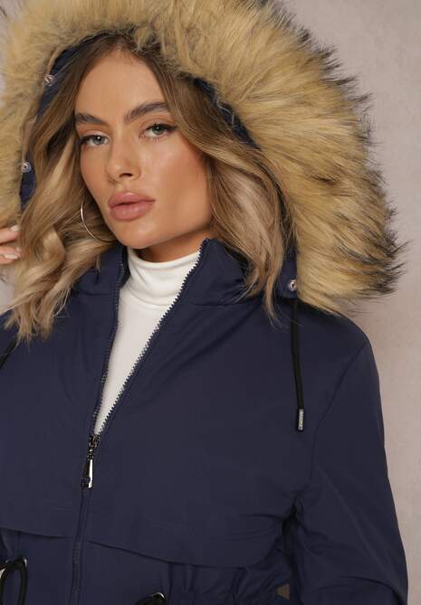 Granatowa Kurtka Parka z Kapturem z Futerkiem Bimi