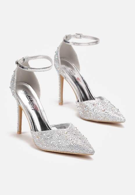 Srebrne Sandały na Szpilce ze Sprzączką Ozdobione Cyrkoniami Alstresa