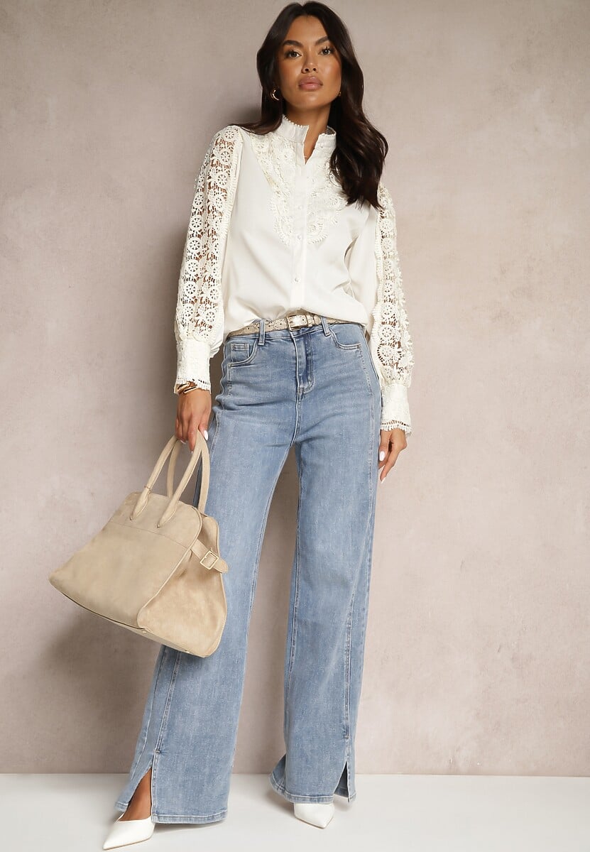 Beżowa Koronkowa Koszula ze Stójką Sariviel