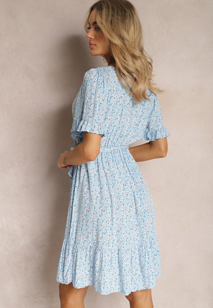 Niebieska Rozkloszowana Sukienka Wiskozowa Mini w Kwiatowy Print z Falbanką Taelle