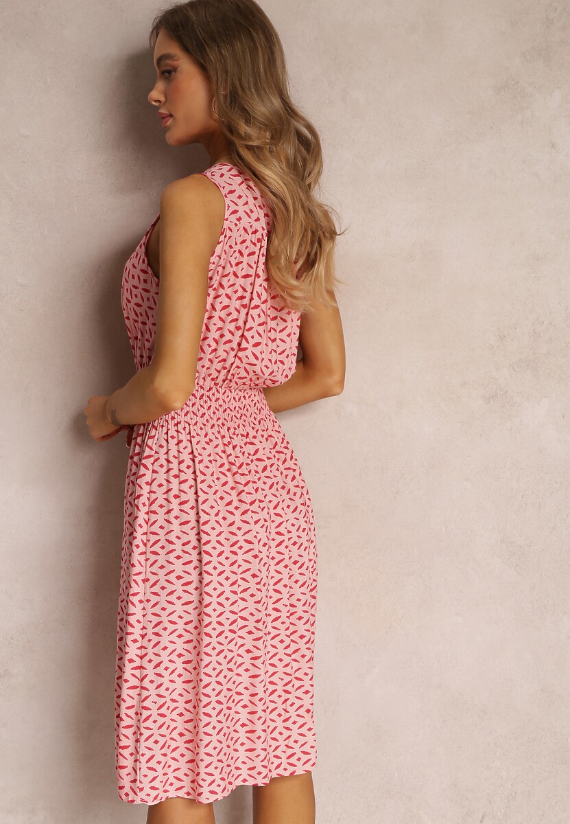 Różowa Kopertowa Sukienka z Wiskozy bez Rękawów z Gumkami w Talii Ciceru