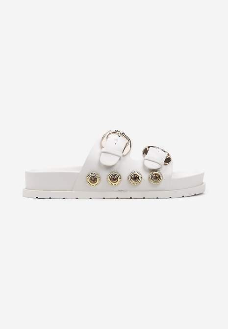 Białe Klapki z Dwiema Sprzączkami Ozdobione Kryształkami Triamara