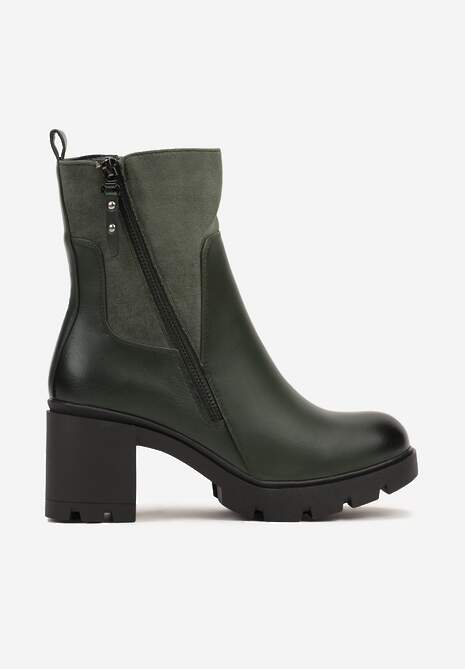Zielone Botki na Słupku i Platformie z Tłoczeniem Ozdobione Asymetrycznym Suwakiem Vivizia