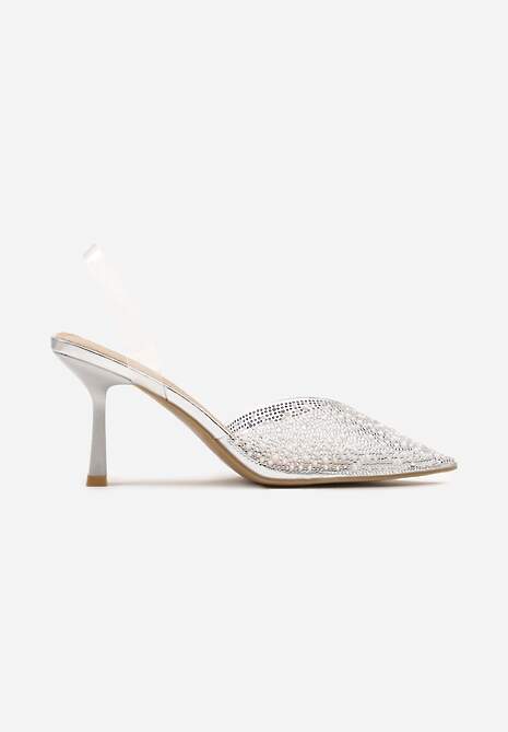Srebrne Sandały Vices na Szpilce Slingback ze Skórzaną Wkładką i Cyrkoniami Ovifa