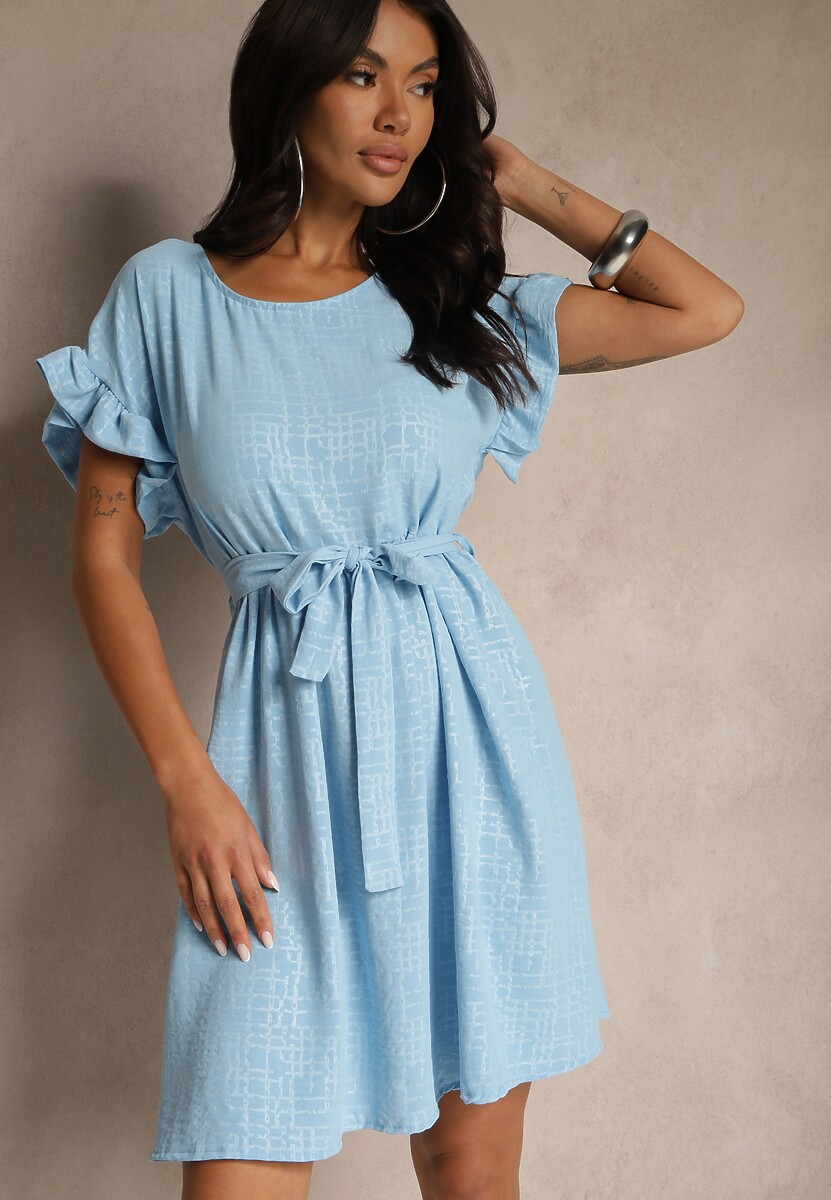 Ciemnoróżowa Sukienka z Paskiem i Falbankami przy Rękawach Folunelle