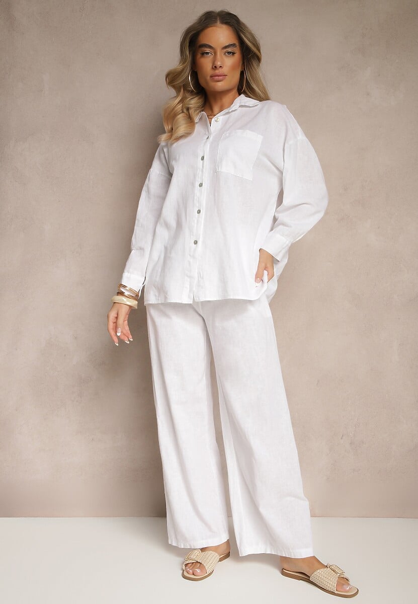 Biały Komplet z Lnem Koszula i Spodnie o Szerokim Kroju Renavine