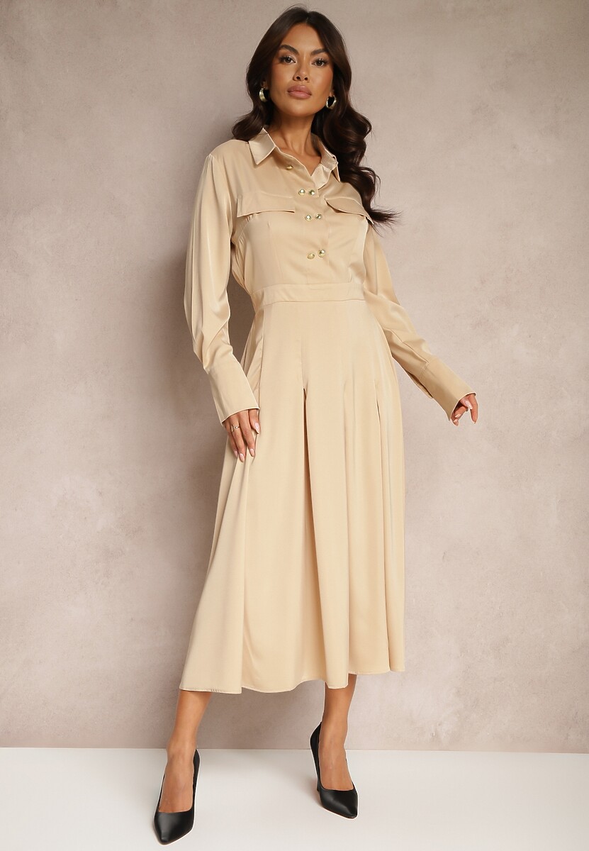 Beżowa Koszulowa Sukienka o Rozkloszowanym Kroju z Gumką w Pasie i Imitacją Kieszeni Etaviela