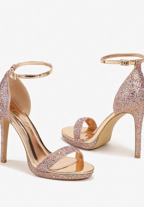 Szampańskie Klasyczne Sandały na Obcasie z Paseczkiem wokół Kostki Ozdobione Cyrkoniami i Brokatem Ezilya