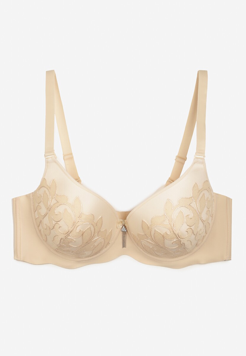 Beżowy Biustonosz z Miseczkami Full Cup i Koronką Timapel