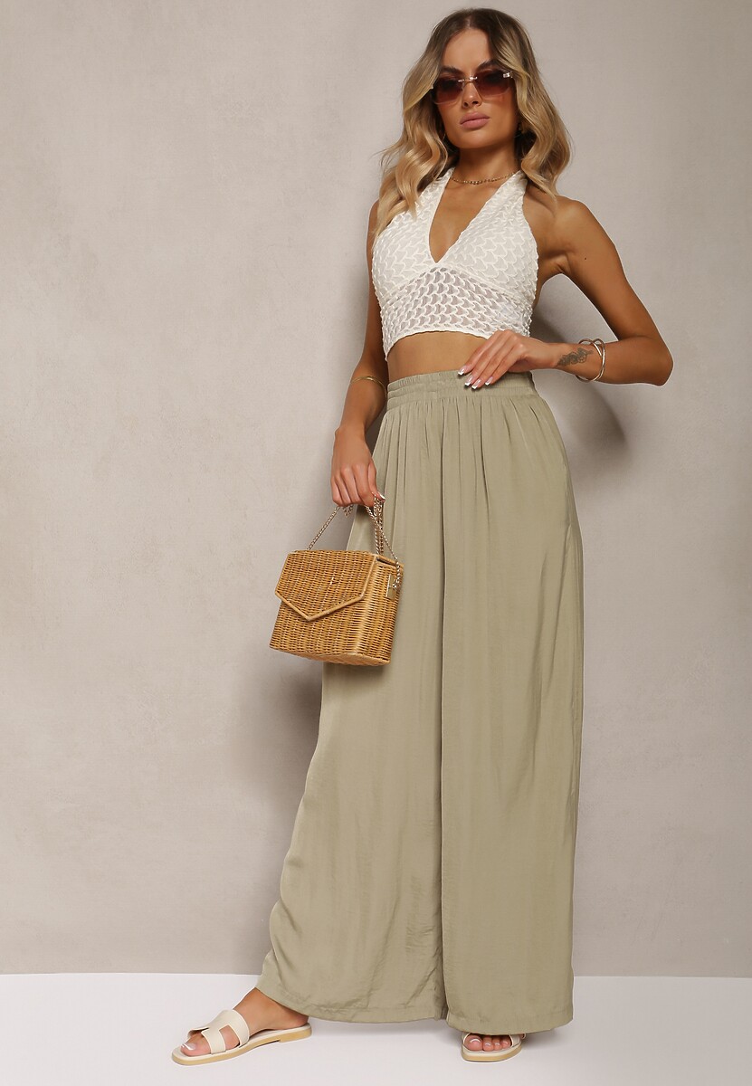 Zielone Spodnie High Wiast z Wiskozą i Szerokimi Nogawkami Osevia