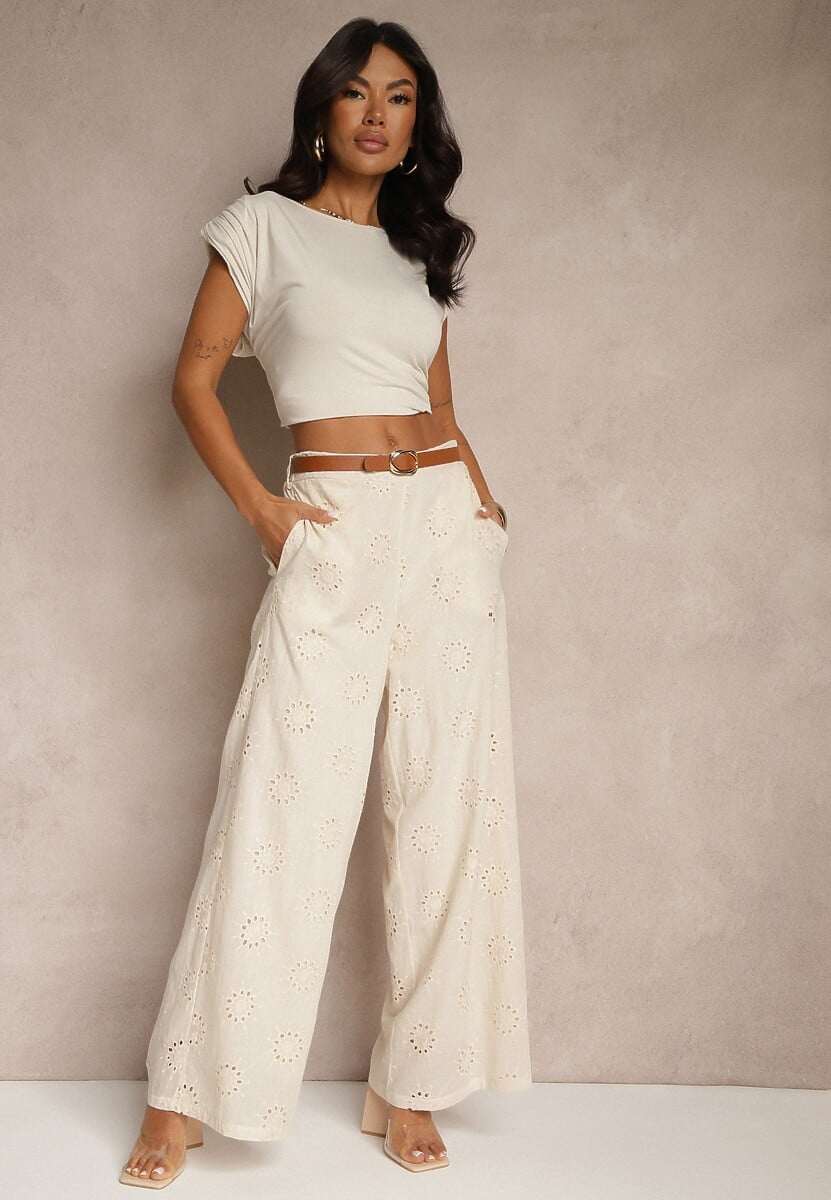 Beżowe Proste Spodnie z Bawełny z Haftem i Ażurowymi Zdobieniami Tolazia