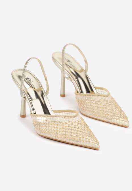 Złote Sandały na Szpilce z Siateczkowym Noskiem z Aplikacją z Perełek Aurifera