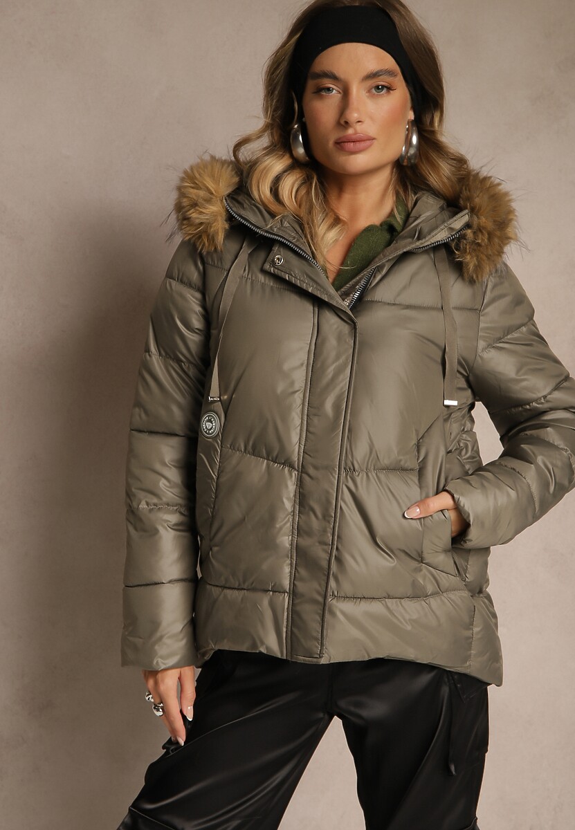 Ciemnozielona Trapezowa Kurtka z Pikowanymi Przeszyciami i Kapturem z Futerkiem Lanittia