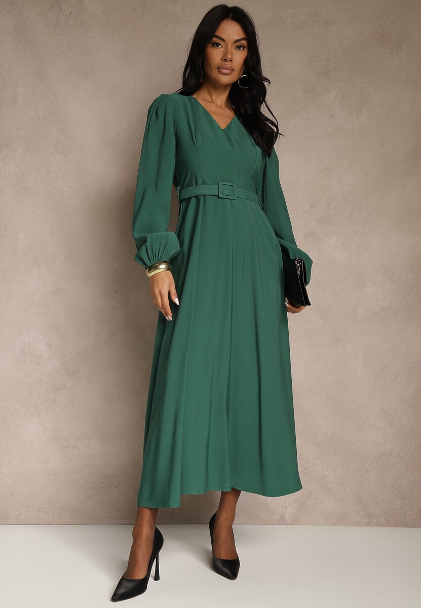 Zielona Rozkloszowana Sukienka z Wiskozy z Paskiem ze Sprzączką Orille